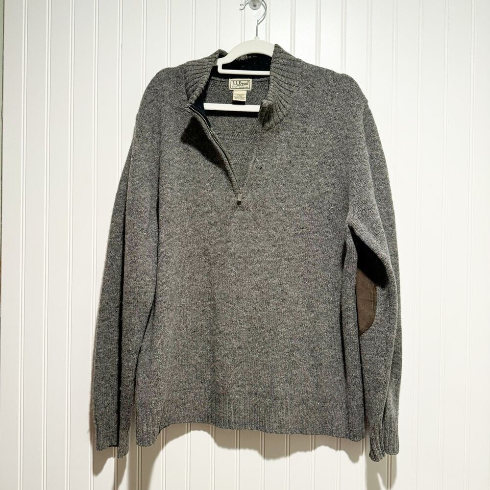 LL Bean Gray Shetland Wool Sweater Corduroy Elbow Patches Quarter Zip Mens Large - Picture 1 of 5